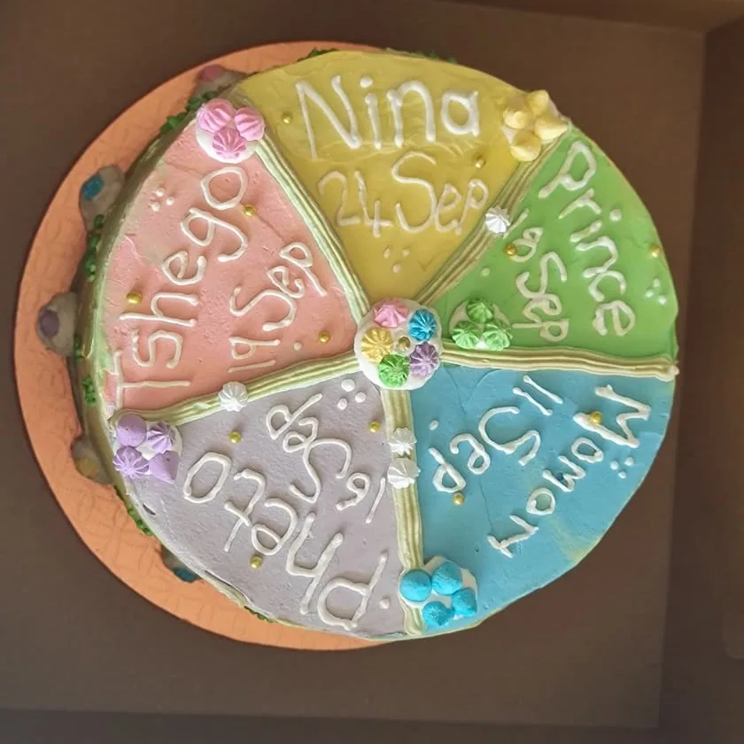 Top view of a round cake divided into coloured slices with names and dates